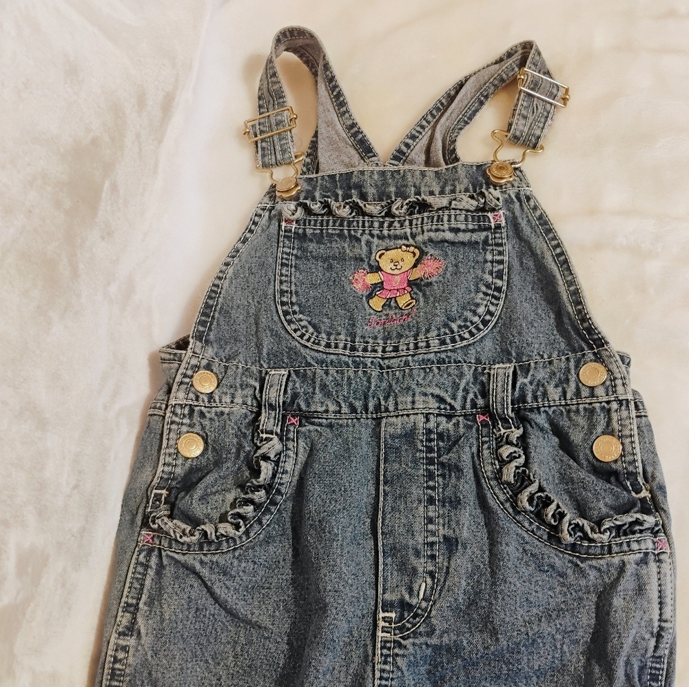 Vintage Jordache 24M Kids Blue Denim Overalls‎ Cheerleader Bear Ruffle 2T B